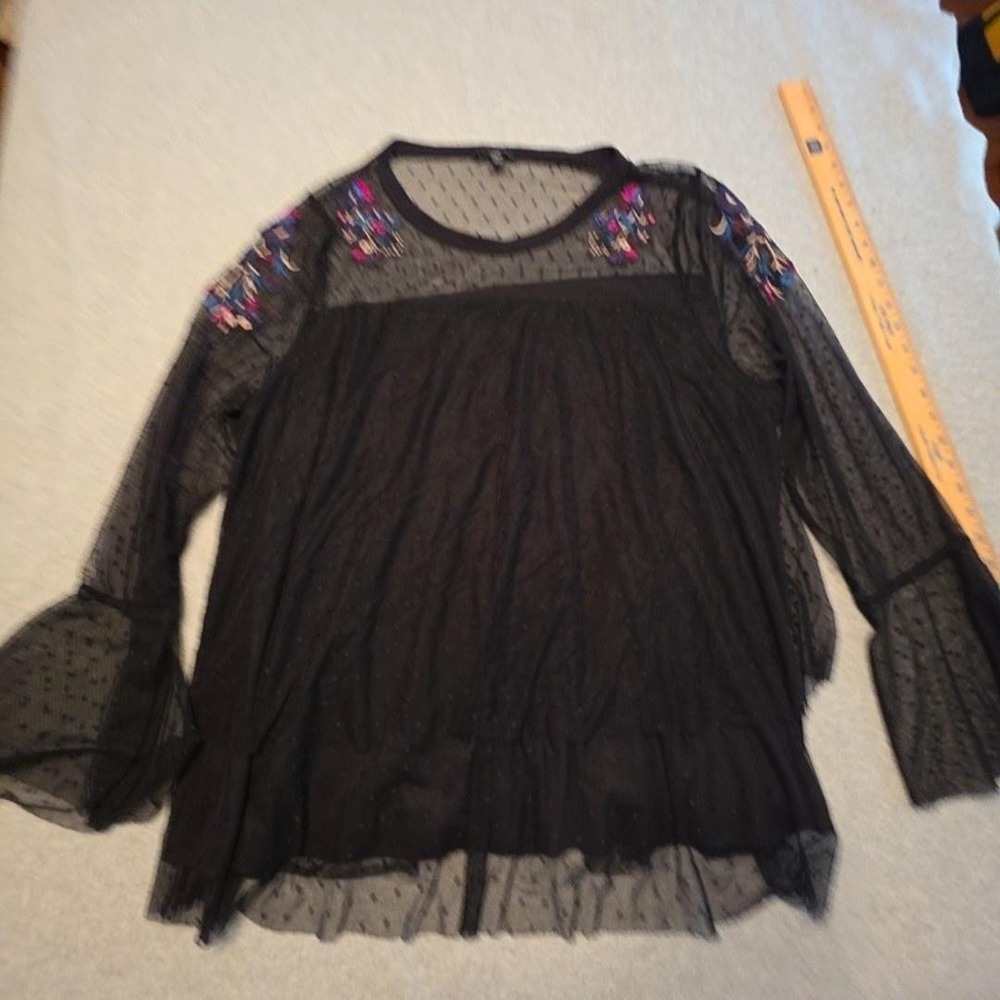Lane Bryant Blouse Womens 26/28 Black Mesh Embroidered Dot Bell Sleeve Tunic Top